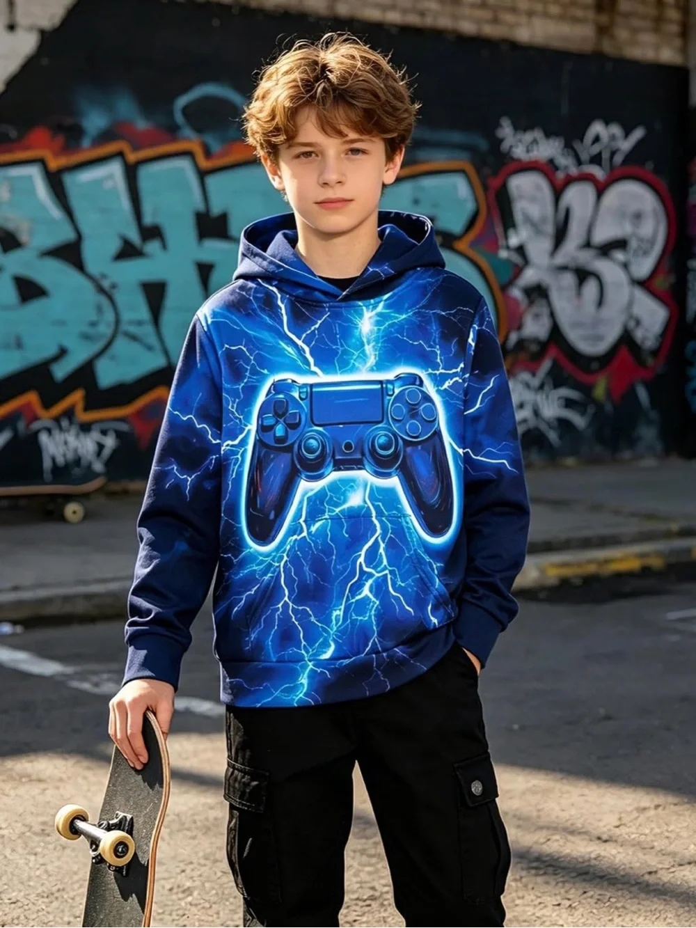Blue Gamer Controller Hoodie for Kids - Electric Lightning Design size 14-16